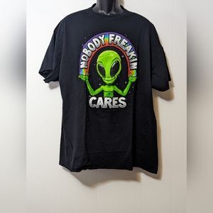 Men's ODM T-Shirt Graphic Tee Alien Nobody Freakin Cares Black Size 2XL